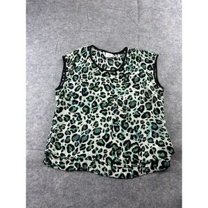 Cabi Womens Jungle Top Blouse Boxy Sleeveless Green Cheetah Print Women's XS SEE
